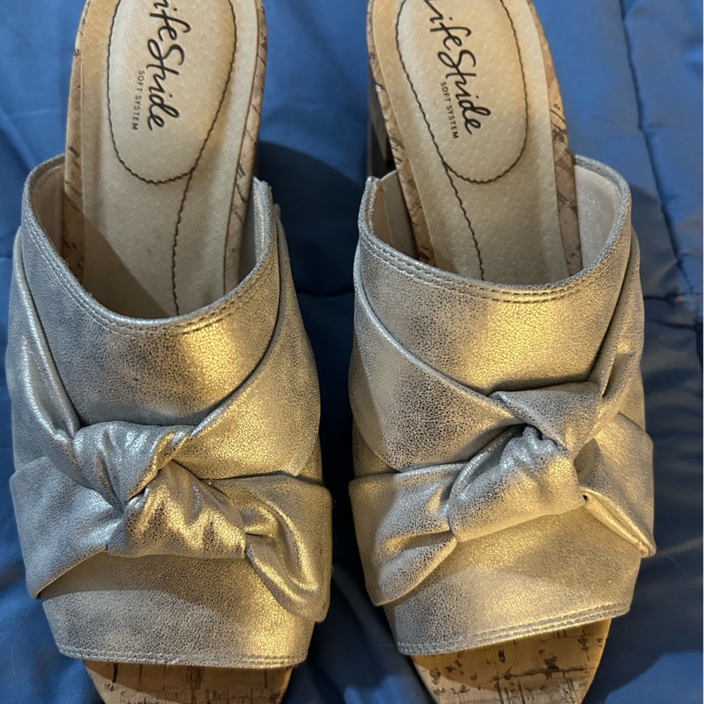Life Stride Gold Mules with Twisted Strap Design